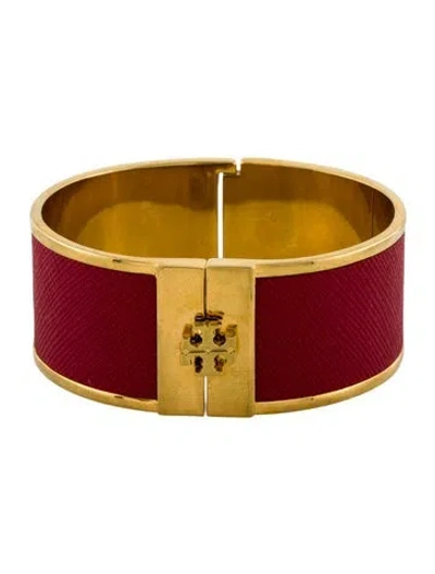 Pre-owned Tory Burch Embossed Leather Inlay Hinged Bangle Bracelet, 6.5" In Multi