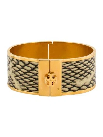 Pre-owned Tory Burch Embossed Leather Inlay Hinged Bangle Bracelet, 6.5" In Neutral