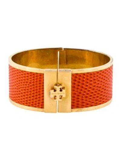 Pre-owned Tory Burch Embossed Leather Inlay Hinged Bangle Bracelet, 6.75" In Multi