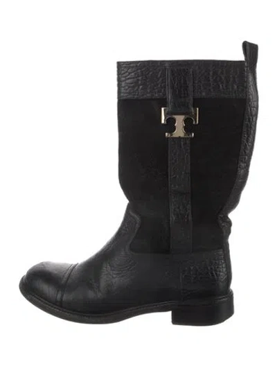 Pre-owned Tory Burch Embossed Leather Moto Boots In Black