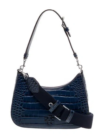 Pre-owned Tory Burch Embossed Leather Shoulder Bag In Blue