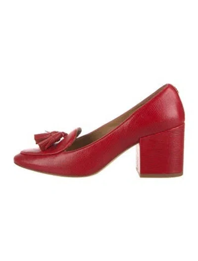 Pre-owned Tory Burch Embossed Leather Tassel Accents Pumps In Red