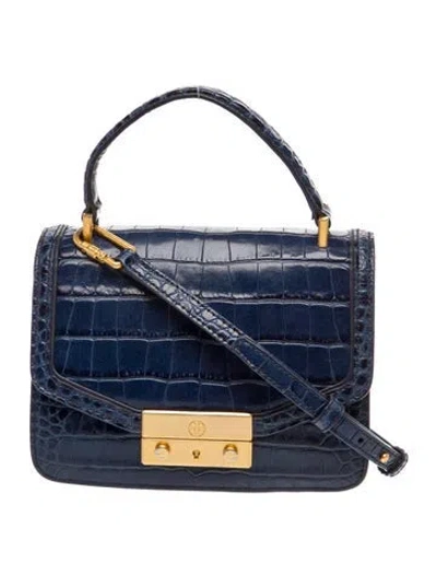 Pre-owned Tory Burch Embossed Leather Top Handle Bag In Blue