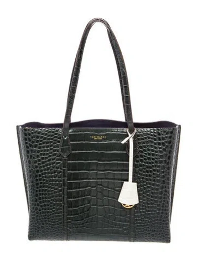 Pre-owned Tory Burch Embossed Leather Tote In Green