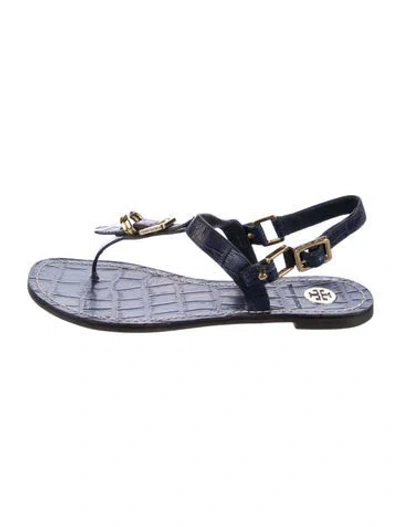 Pre-owned Tory Burch Embossed Leather T-strap Sandals In Blue