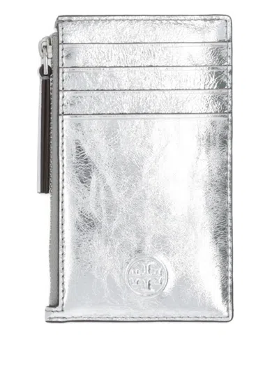 Tory Burch Embossed-logo Leather Cardholder In Metallic