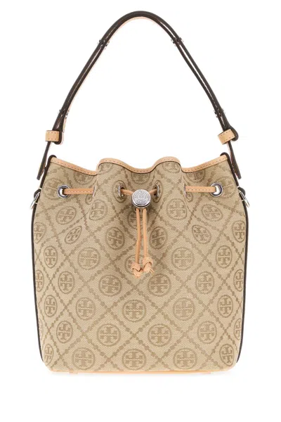 Tory Burch Embroidered Canvas Bucket Handbag With Leather Trim, 18 Cm X 22 Cm X 10 Cm In Printed