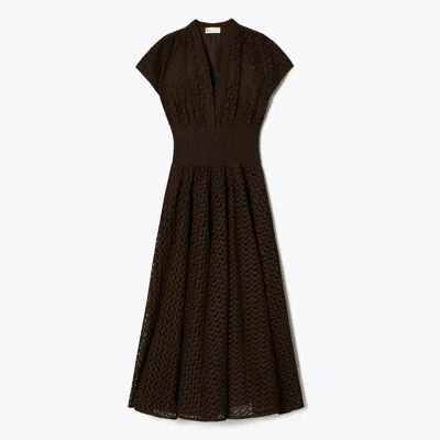 Tory Burch Embroidered Cotton Dress In Dark Cacao