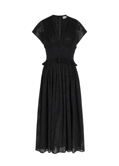 Tory Burch Embroidered Cotton Midi Dress In Black