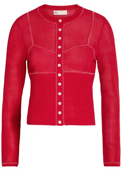 Tory Burch Embroidered Fine-knit Cardigan In Red