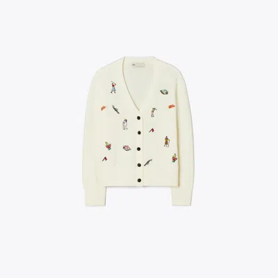 Tory Burch Embroidered Golf Cardigan In White