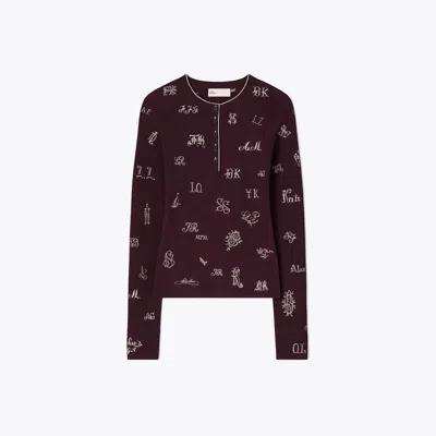 Tory Burch Embroidered Henley Sweater In Brown