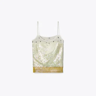 Tory Burch Embellished Lamé Slip Top In Green