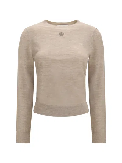 Tory Burch Embroidered Logo Wool Sweater In Neutral