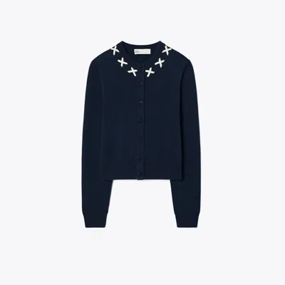 Tory Burch Embroidered Merino And Cashmere Cardigan In Green