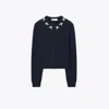 Tory Burch Embroidered Merino And Cashmere Cardigan In Blue