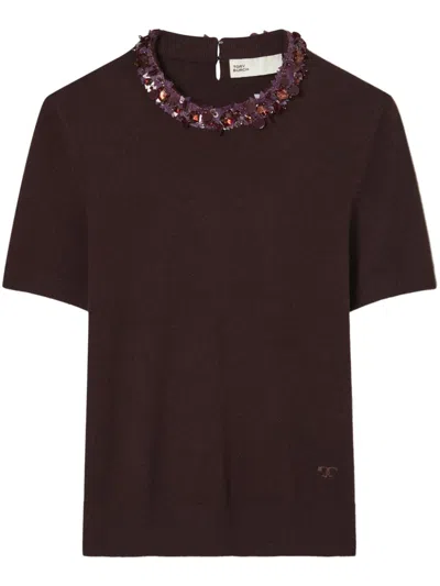 TORY BURCH EMBROIDERED-NECKLINE T-SHIRT