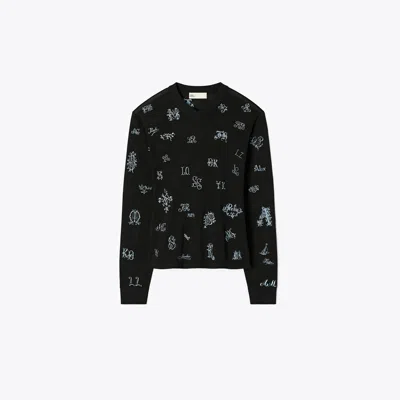 Tory Burch Embroidered Silk Sweater In Black