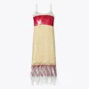 Tory Burch Embroidered Slip Dress In Pebbled Light Gray