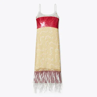 Tory Burch Embroidered Slip Dress In Pebbled Light Gray