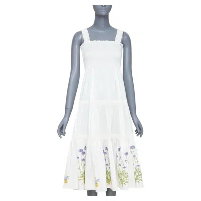 Pre-owned Tory Burch Embroidered Smocked Midi Ivory Purple Flower Embroidery Midi Dress M In White
