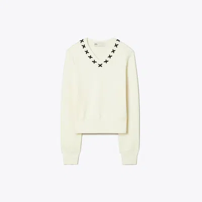 Tory Burch Embroidered Wool Sweater In Neutral