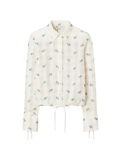 Tory Burch Embroideredv Gingham Drawstring-waist Blouse In Metallic