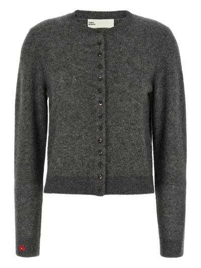 Tory Burch Cardigan Featuring Embroidery And Crew Neckline In Gray