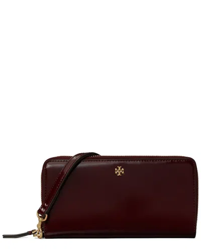 Tory Burch Emerson Patent Zip Continental Leather Wallet In Burgundy