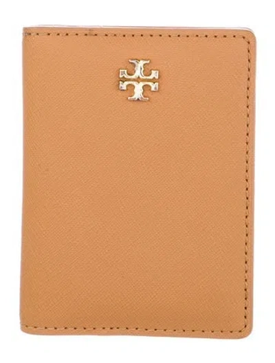 Pre-owned Tory Burch Emerson Zip Coin Case Signature Logo Bifold Wallet In Brown