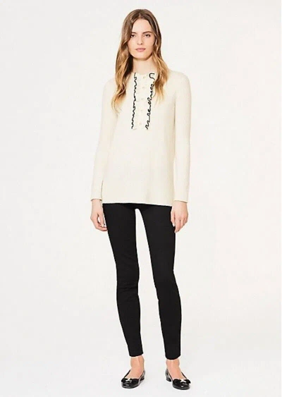 Pre-owned Tory Burch Emily Cashmere Sweater Ruffle Pearl Buttons Ivory L-xl $350 In White