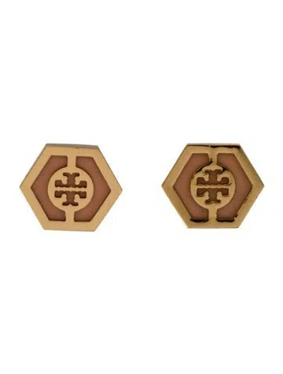 Pre-owned Tory Burch Enamel Hexagon Logo Stud Earrings In Pink