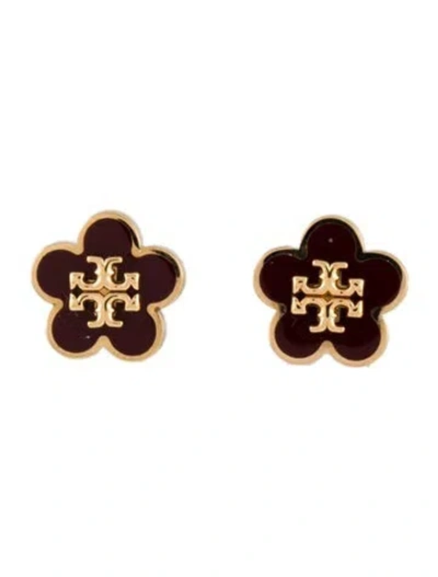 Pre-owned Tory Burch Enamel Kira Flower Stud Earrings In Burgundy