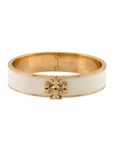 Pre-owned Tory Burch Enamel Kira Hinged Bangle Bracelet, 7" In White
