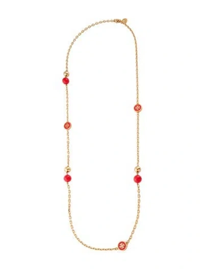 Pre-owned Tory Burch Enamel Lacquered Logo Rosary Station Necklace, 37" In Orange