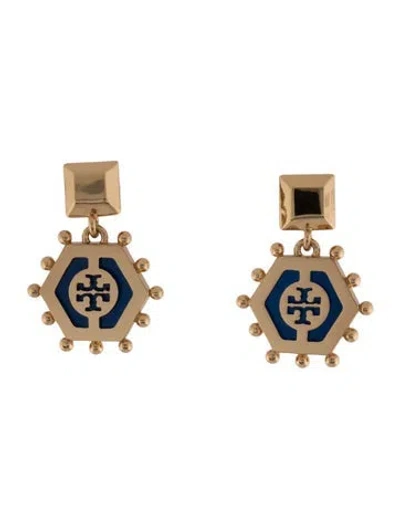 Pre-owned Tory Burch Enamel Logo Hexagon Drop Earrings In Blue