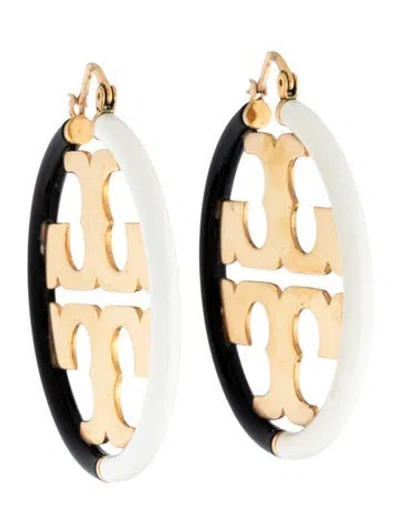 Pre-owned Tory Burch Enamel Miller Hoop Earrings In Black/white