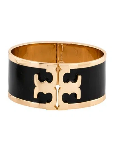Pre-owned Tory Burch Enamel Raised Logo Wide Cuff Bracelet, 7" In Black