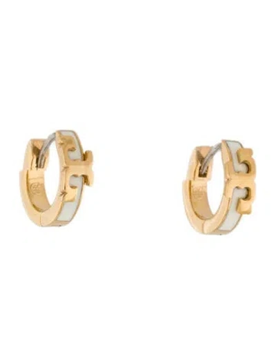 Pre-owned Tory Burch Enamel Serif T Hoop Earrings In White