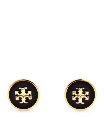 Tory Burch Enamel Circle-stud Earring Gold Finish In Black