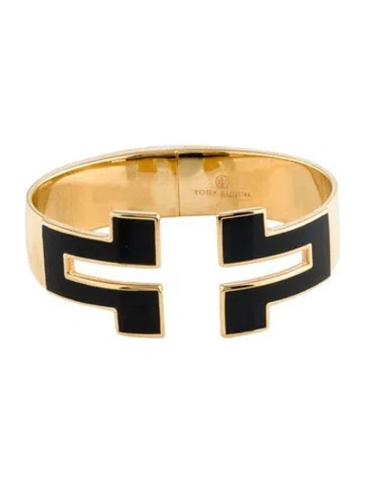 Pre-owned Tory Burch Enamel Tunic T Cuff Bracelet, 6.5" In Black