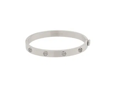 Tory Burch Engraved Logo Bracelet With Clip Closure In Steel For Women In Metallic
