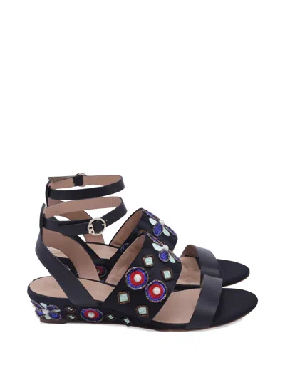Pre-owned Tory Burch Estella Beaded Wedge Sandals In Black