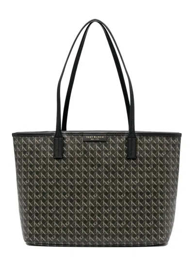 Tory Burch 'ever Ready' Black Tote Bag With Logo Patch On The Front And All-over Double T Motif In Cotton Woman