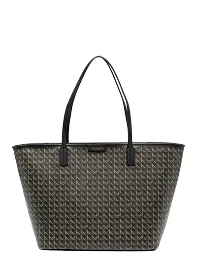 Tory Burch Ever Ready Black Tote Bag With Logo Patch On The Front And All-over Double T Motif In Cotton Woman