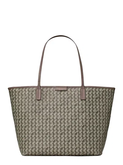 Tory Burch Ever Ready Grey Tote Bag With Logo Patch On The Front And All-over Double T Motif In Cotton Woman In Green
