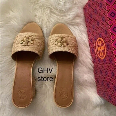 Pre-owned Tory Burch Everly 55mm Leather Heel Block Sandal In Raffia Light Tan