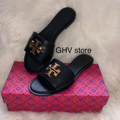Pre-owned Tory Burch Everly Calf Leather Gold Logo Slide Sandals In Perfect Black