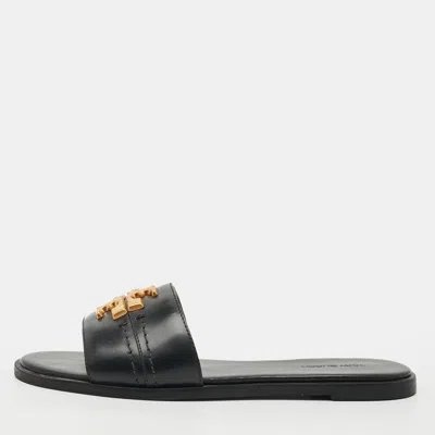 Pre-owned Tory Burch Everly Size 38 Black Leather Flat Sandals