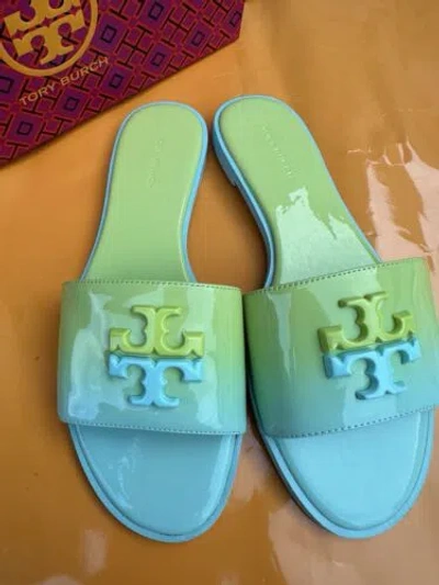 Pre-owned Tory Burch Everly Slide Flat Soft Patent Leather Celeste Ombré W Logo Sz 7 In Green/yellow